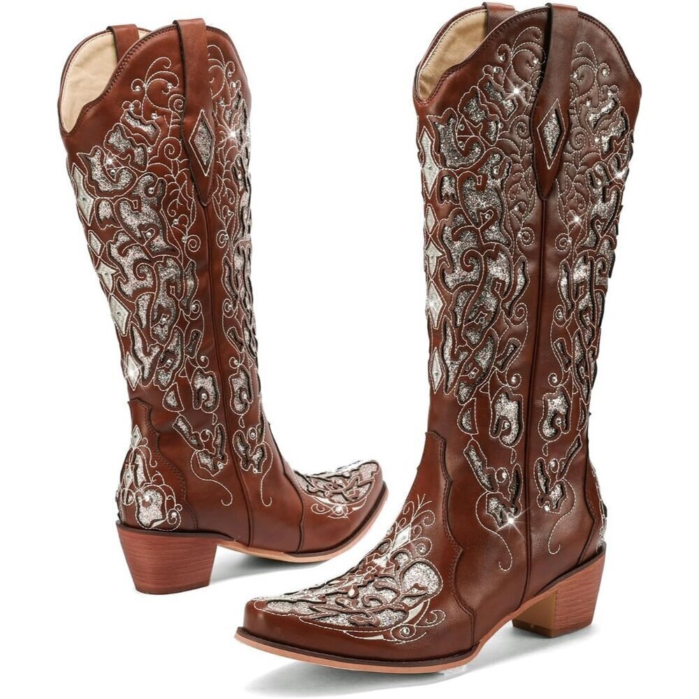 🆕Women Brown Embroidery Sparkly Rhinestone Chunky Heel Mid Calf Wedding Boots